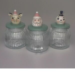 Johanna Parker Glass Jars Christmas Canister  Reindeer Snowman Santa Pastel 7”